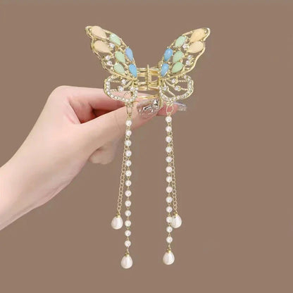 Lianfudai Exquisite Rhinestone Butterfly Fringe Hair Claw Clips Korean New Ponytail Braid Pearl Hairpin Girl Crab Metal Headdress Gift