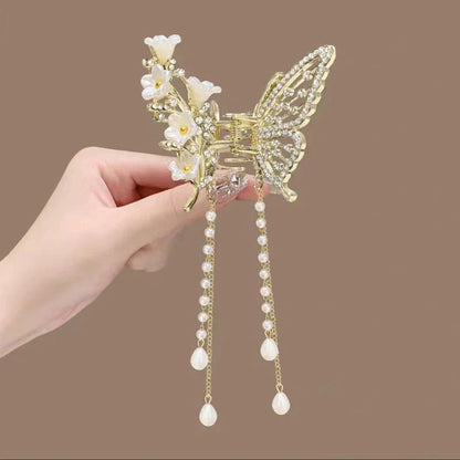 Lianfudai Exquisite Rhinestone Butterfly Fringe Hair Claw Clips Korean New Ponytail Braid Pearl Hairpin Girl Crab Metal Headdress Gift