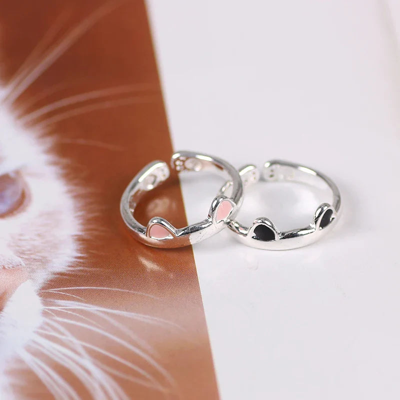 sengpan Cat Ear Finger Rings Open Cute Footprints Ring For Women Girl Pearl Hollow Geometric Gift Adjustable Fine Jewelry Accessories