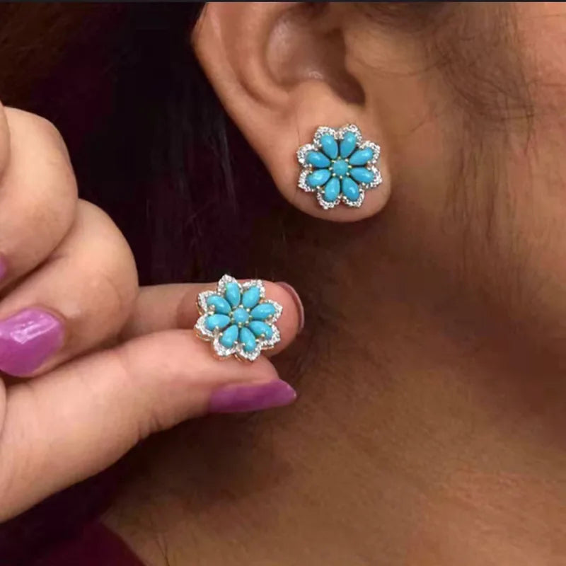 sengpan Vintage Turquoise Stud Earrings for Women Snow Flower Earring Statement Earring Valentine Day Gift Jewelry Pendientes Mujer