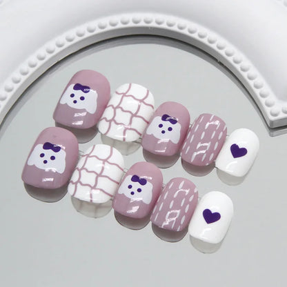 sengpan Cartoon Nails Set Press on Pink Rabbit False Nails for Children Puppy Acrylic Cute Anime Nails Short Stick-on Nail Tips