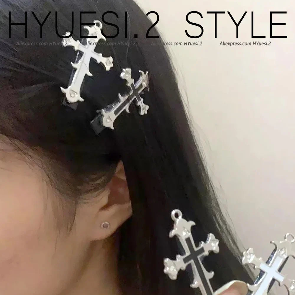 sengpan Gothic Diamond Cross Shaped Hair Clips Retro Punk Styles Bangs Duckbill Barrettes Women Girls Halloween Party Headdress