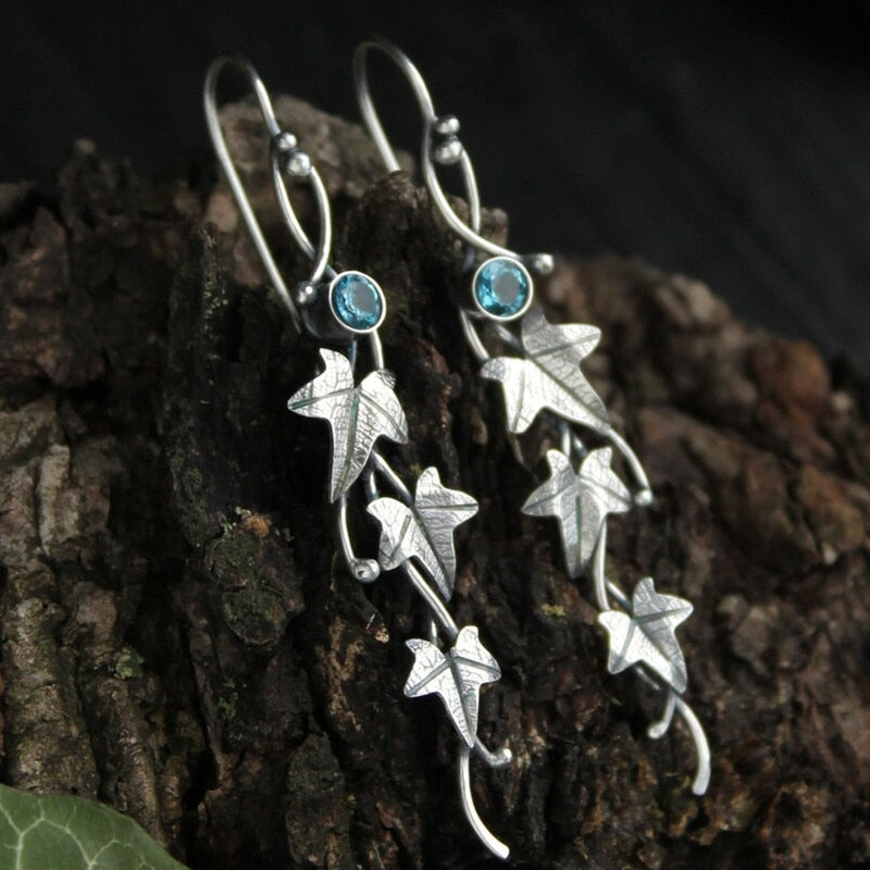 sengpan Silver color earrings Ivy Elven earrings Botanical jewelry Plant earrings Leaf design