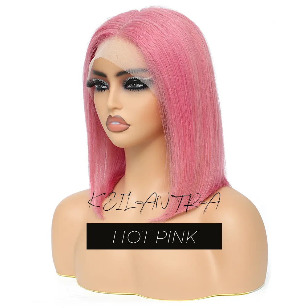 sengpan Rose Pink Short Colored Bob Human Hair Wigs Brazilian 13X4 Straight Lace Front Wigs Transparent Lace Pre Plucked Glueless Wig