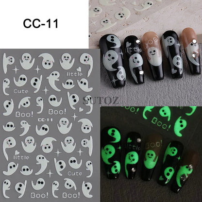 sengpan 5D Ghost Halloween Nail Art Stickers Cartoon Pumpkins Skulls Flowers Nail Decals Y2K Halloween Self-Adhesive Manicure Deco JI-5D