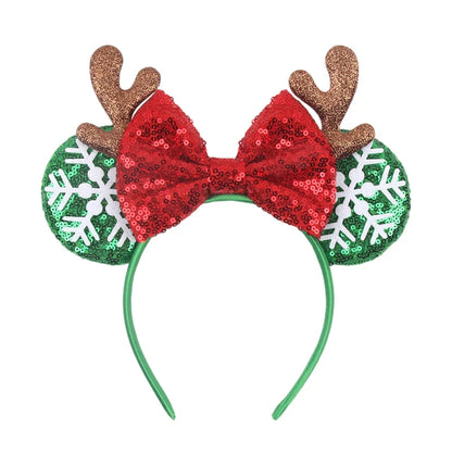 sengpan New Disney Christmas Mouse Ears Headband Santa Antler Sequins Bow Hairband For Women Featival Party DIY Hair Accessories Gift