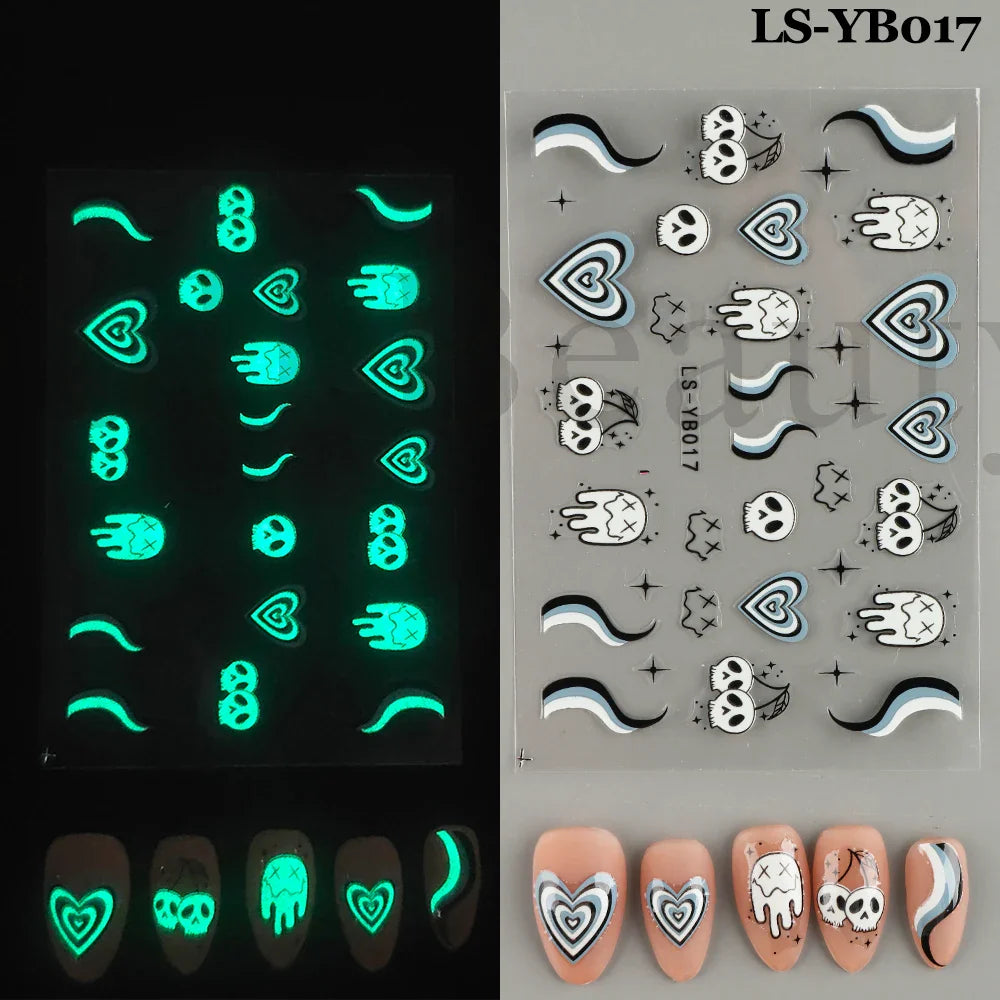 sengpan Luminous Nail Stickers Glow In Dark Halloween Nail Art Decoration Cartoon Skull Ghost Sliders Bones Spider Decal Tattoo GLYB-018