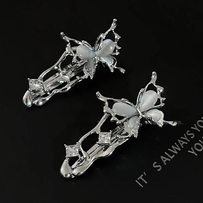 sengpan Y2K Irregular Liquid Metal Hairpin Butterfly Zircon Hair Clips Girl Fashion Silver Bang Clip For Women Hair Accessories