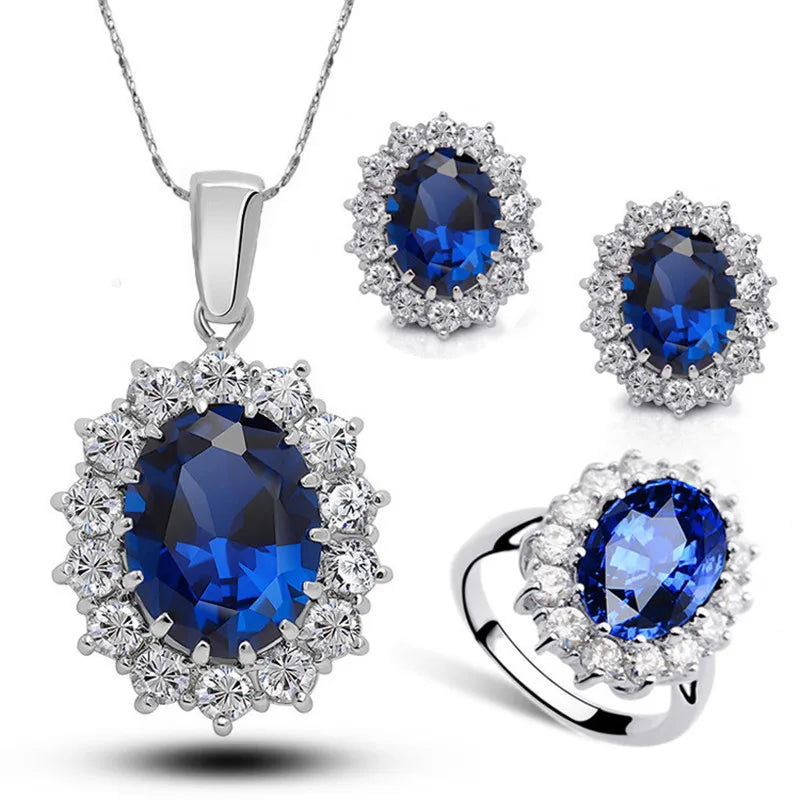 sengpan Luxury Designer Set for Girlfriend and Mother Blue Zircon Crysta Necklace Earrings Ring Sets Bridal Accessories Three Piece Gift