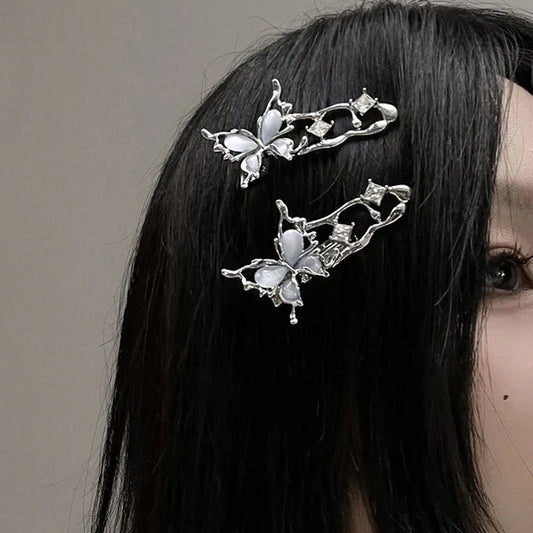 sengpan Y2K Irregular Liquid Metal Hairpin Butterfly Zircon Hair Clips Girl Fashion Silver Bang Clip For Women Hair Accessories