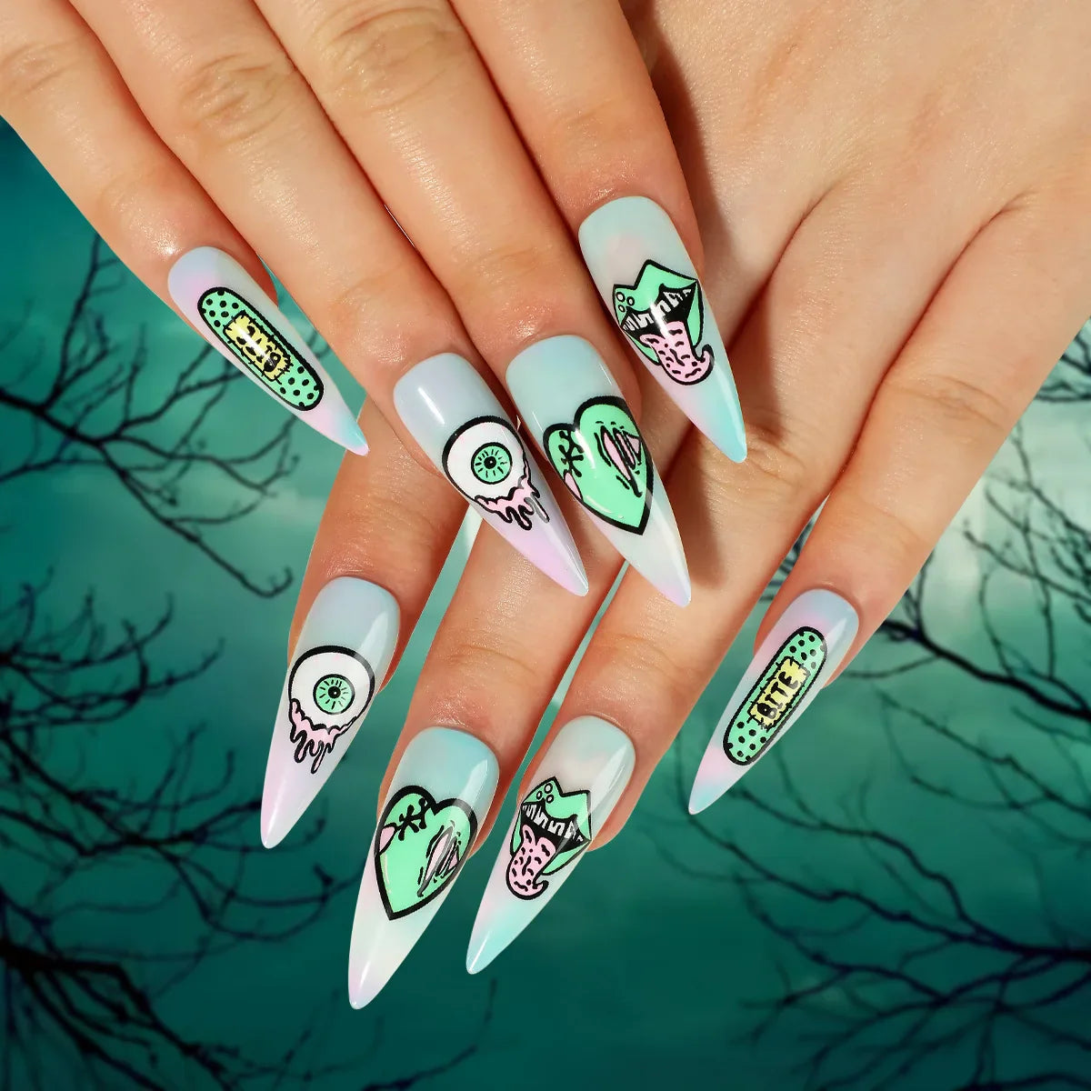 sengpan 24P/Set Halloween Fake Nails Art Ghost Face Pumpkin Spooky Designer Girls Party Press on Nail Tips Wearable Stick on Nails False