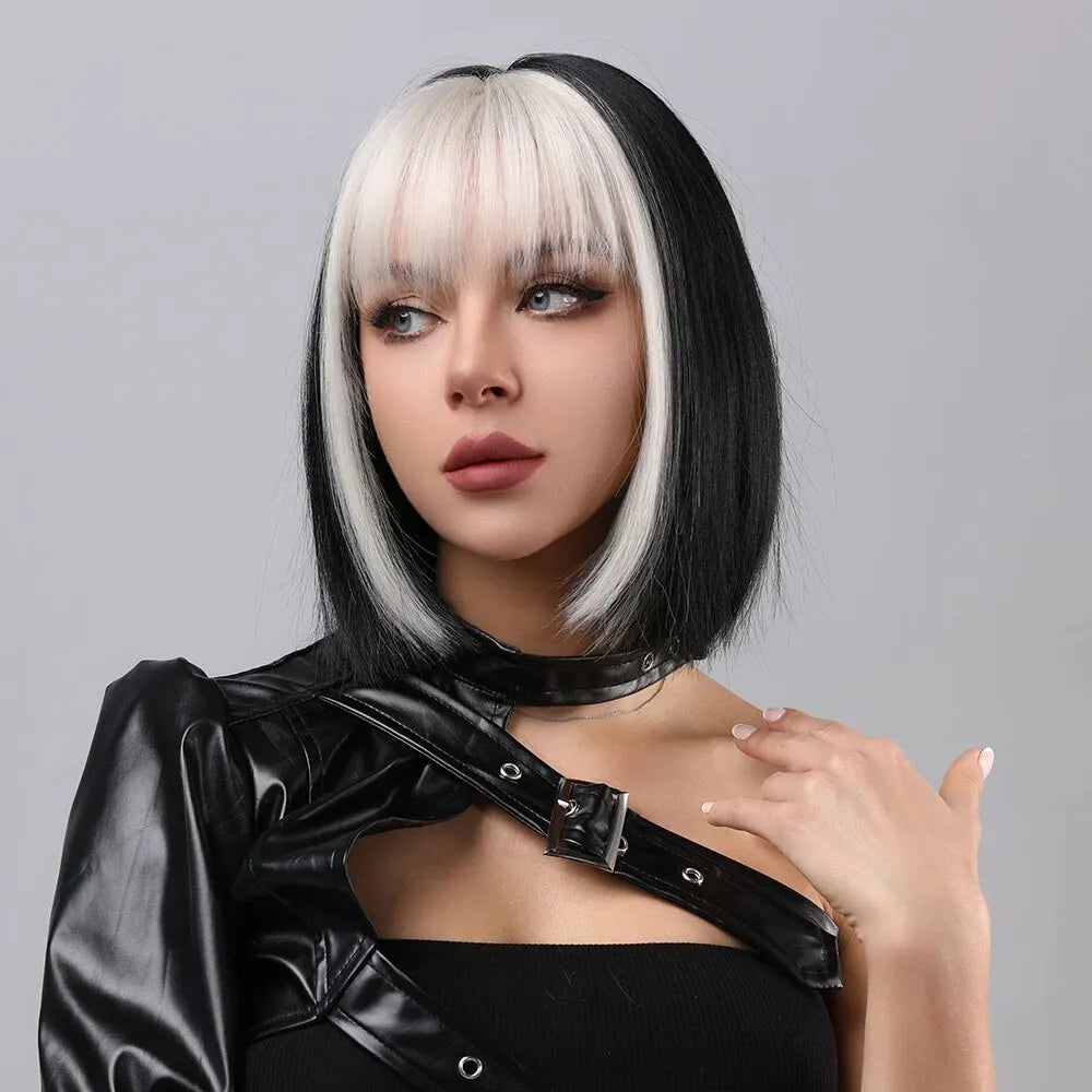 sengpan Bob Wig Black For Black Women Black Short Wig With Bangs Heat Resistant Synthetic Wig Suitable For Everyday Halloween Party Use