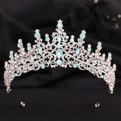 sengpan Luxury Green Opal Crystal Flower Water Drop Tiara Crown Women Wedding Party Elegant Bridal Bride Crown Hair Accessories