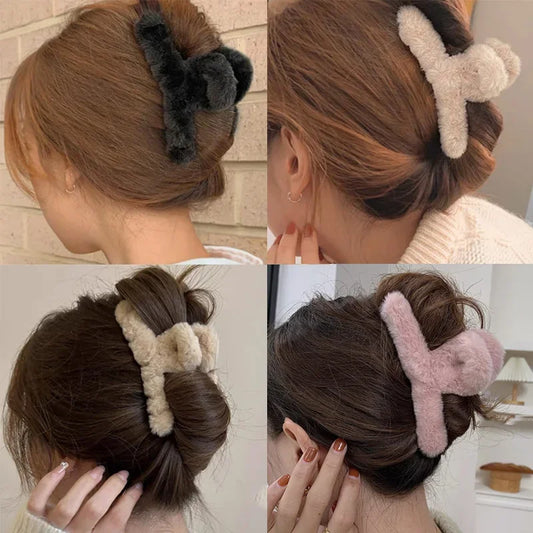 sengpan White Pink Plush Hair Claw Clips Faux Furry Elegant Acrylic Barrette for Women Winter Hair Clip Headwear Trendy Hair Accessories