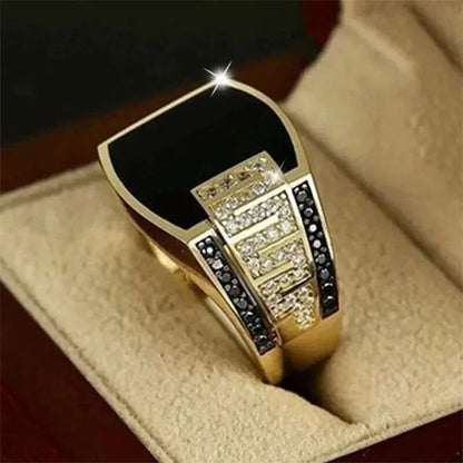 sengpan Classic Men's Ring Fashion Metal Gold Color Inlaid Black Stone Zircon Punk Rings for Men Engagement Wedding Luxury Jewelry