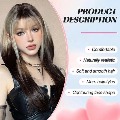 sengpan Ombre Synthetic Straight Cosplay Women Hair Platinum Blonde to Black Hair Long Layered Natural Wigs with Bangs for White Women