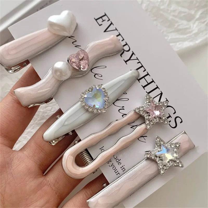 sengpan Y2k Hairpins Girls Sweet Rhinestone Pearl Love Side Bangs Hair Clip Female Ladies Barrettes Duckbill Clip Women Hair Accessories