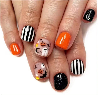 sengpan 24Pcs/set Black Halloween Press on Nails Pumpkin Ghost Cat Design Short Square Fake Nails Full Cover Acrylic Nail Tips for Women