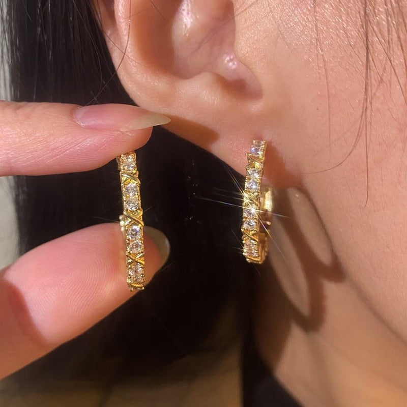 sengpan Gold Color Zircon Cross X Hoop Earrings for Woman Luxury Statement Jewelry Wedding Party Crystal Christmas New Year Accessories