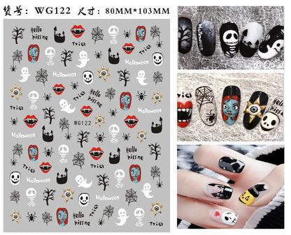 sengpan 3D Halloween Nail Stickers Clown Skull Bone Pumpkin Cartoon Spider Bat Nail Decals Self-Adhesive Nail Art Stickers Nails Decor