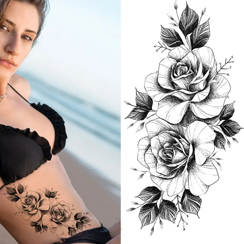 sengpan Waterproof Temporary Tattoo Stickers for Women Black Sexy Rose Butterfly Flowers Body Art Tattoo Arm Legs Sleeve Fake Tattoos