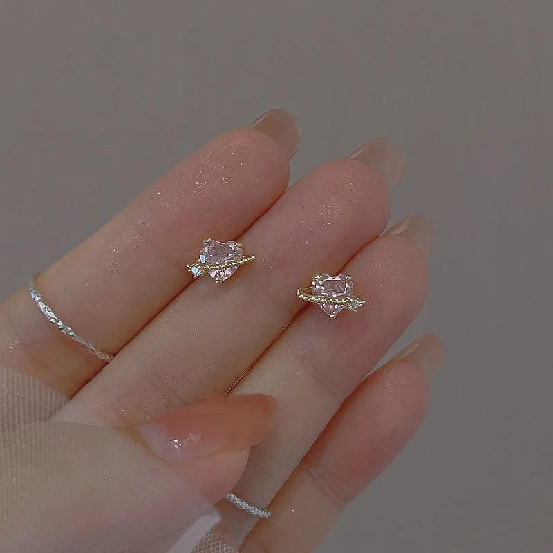 sengpan New Sweet Cool Pink Zircon Love Earrings Women Sweet Temperament Design Earring Party Jewelry Gifts