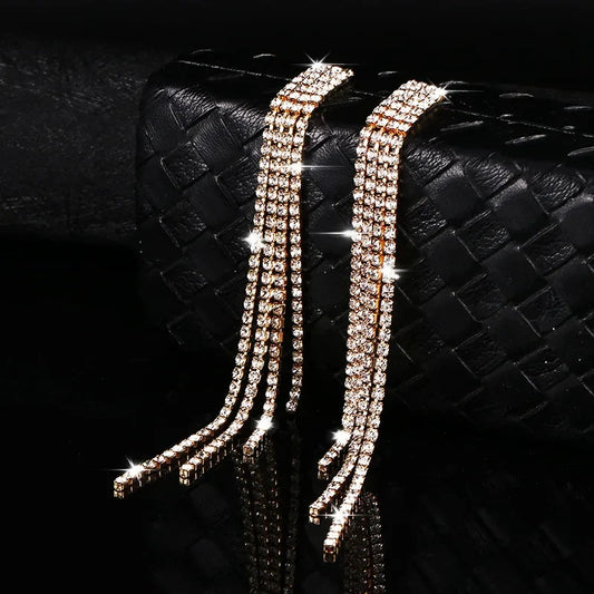 Lianfudai  New Luxury Rhinestone Crystal Long Tassel Earrings for Women Bridal Drop Dangling Earrings Party Wedding Jewelry Gifts