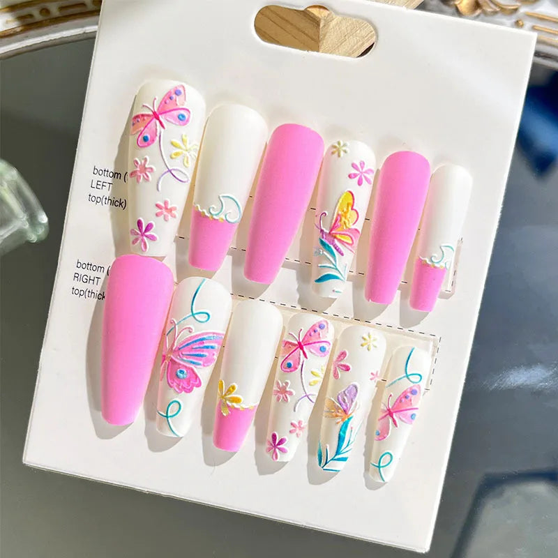 sengpan 12pcs Wearable Press on Fake Nails with Relief Design Shiny Design  Lovely Girl False Nail with Wearing Tools Nail Art Supplies