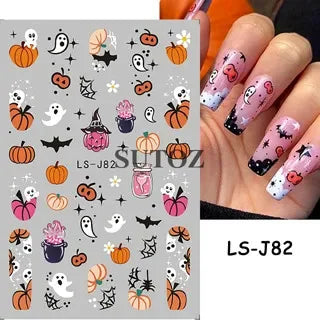 sengpan 5D Embossed Halloween Nail Stickers Skull Chams Spooky Flower Ghost Nail Decals Spider Web Skeleton Sliders for Manicure NTJI-5D