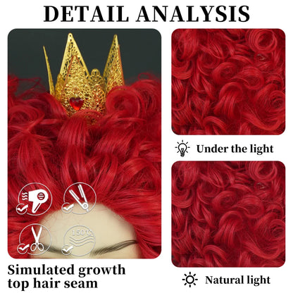 Lianfudai  WIGS New Royal Red Queen Wig Light Red Short Curly Hair Synthetic Heart Cosplay Wigs Halloween Costume Party Wig