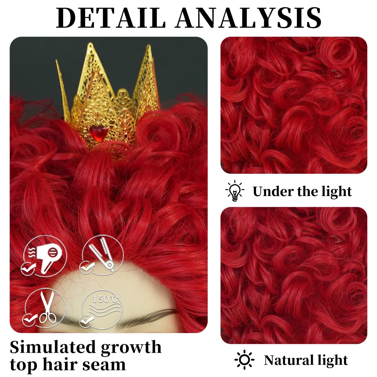 sengpan  WIGS New Royal Red Queen Wig Light Red Short Curly Hair Synthetic Heart Cosplay Wigs Halloween Costume Party Wig