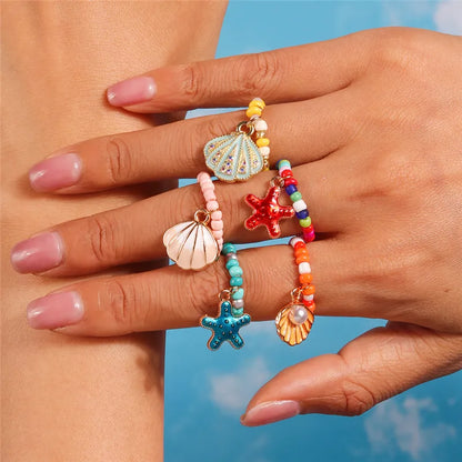 sengpan Korean Colorful Small Flower Ring Sets Bohemia Handmade Multi Beaded Rice Beads Finger Ring For Women Beach Jewelry Gifts