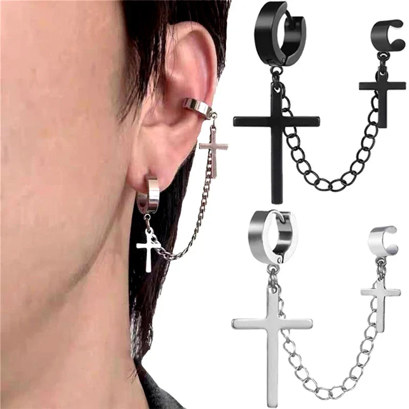 sengpan Punk One-peice Tassel Clip Earrings Cross Hoop Earrings for Women Teens Men Ear Cuffs Alloy Hip Hop Jewelry Earing Metal Chain