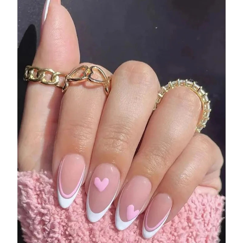 sengpan Simple Stiletto French Fake Nails for Valentine's Day Almond Sweet False Nails with Glue Full Cover Artificial Nails Press On