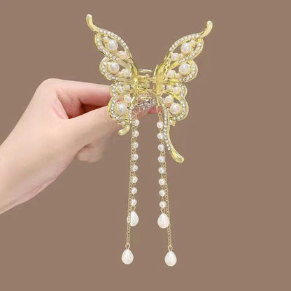 Lianfudai Exquisite Rhinestone Butterfly Fringe Hair Claw Clips Korean New Ponytail Braid Pearl Hairpin Girl Crab Metal Headdress Gift