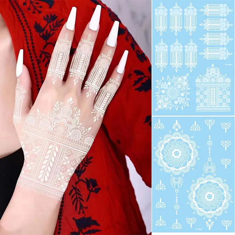 sengpan White Lace Henna Tattoo Butterfly Feather Fake Temporary Tattoos Women Summer Style Henna Design Stickers Body Art Party Wedding