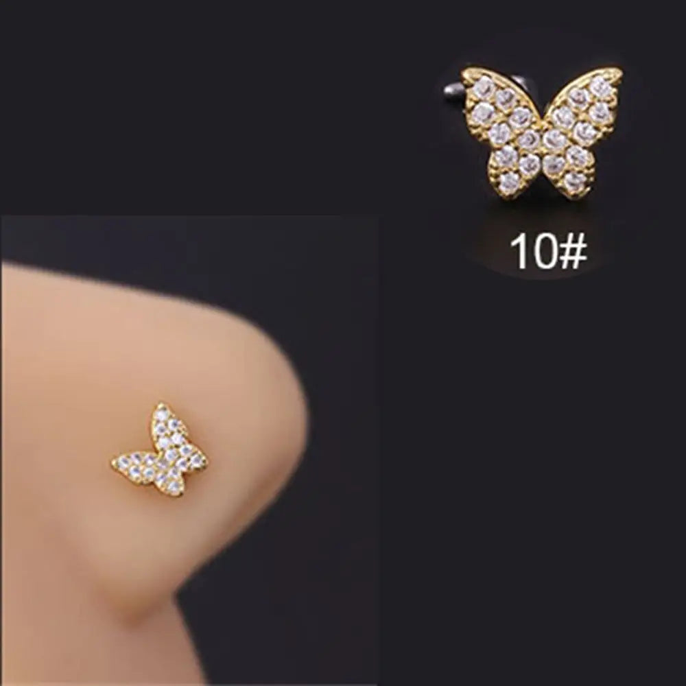 Lianfudai New Fashion Unisex Zircon Punk Style Nose Nail Titanium Steel L Shaped Nose Studs Piercing Jewelry