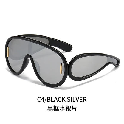 Lianfudai New Fashion One Piece Big Frame Goggles Oversized Oval Sunglasses Women Men Trendy Hip Hop Sun Glasses