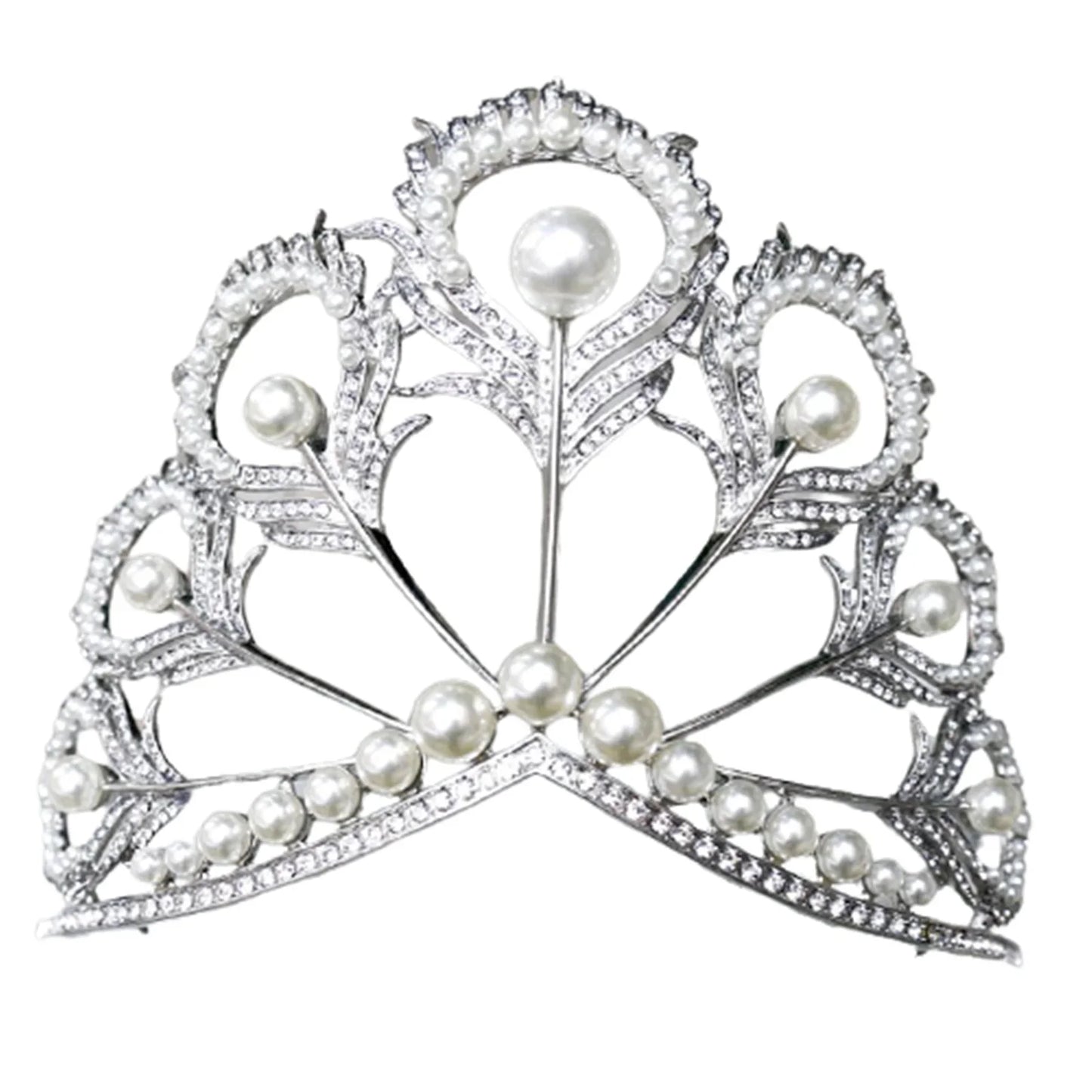 sengpan New Arrival Big Size Pageant Full Round Silver Color Pearl Feather Shining Rhinestone Tiara Crown Headwear Hair Accessories