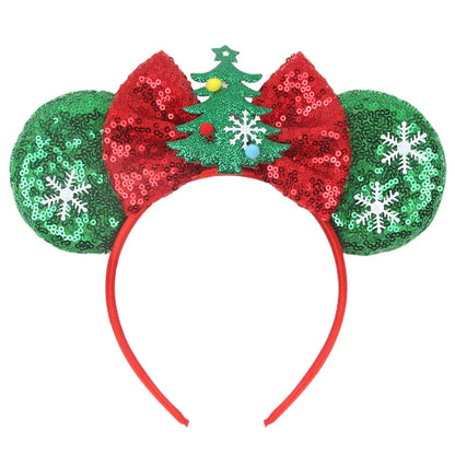 sengpan New Disney Christmas Mouse Ears Headband Santa Antler Sequins Bow Hairband For Women Featival Party DIY Hair Accessories Gift