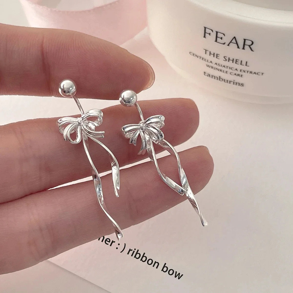 sengpan Simple Silver Color Sweet Cute Ribbon Heart Bowknot Earrings for Women Trend Drop Earrings Aesthetic Wedding Jewelry Gift Y2K