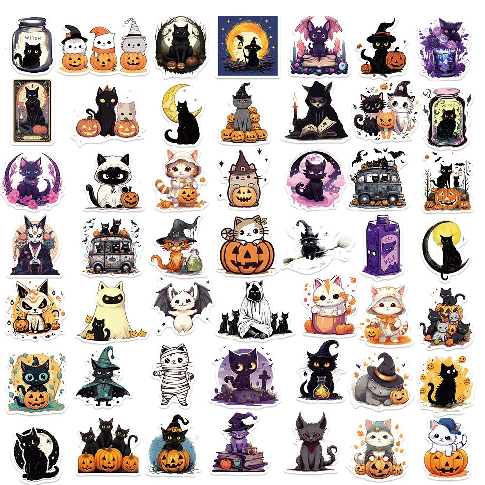 sengpan Halloween Cat Stickers for iPad, Scrapbook, Suitcase, Phone, Vintage Stationery Things, DIY Sticker, Craft Supplies, 50Pcs