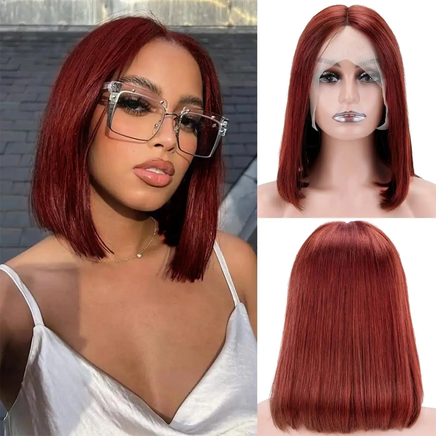 sengpan Short Bob Human Hair Wigs Straight Reddish Brown 13x4 Full Lace Frontal Wigs 613 Human Hair Wig 180% Density Grade 12A