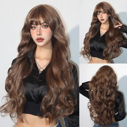 sengpan Orange Blonde Ombre Long Wavy Synthetic Wigs with Bangs Party Cosplay Wig for Women Natural Fake Hair Heat Resistant