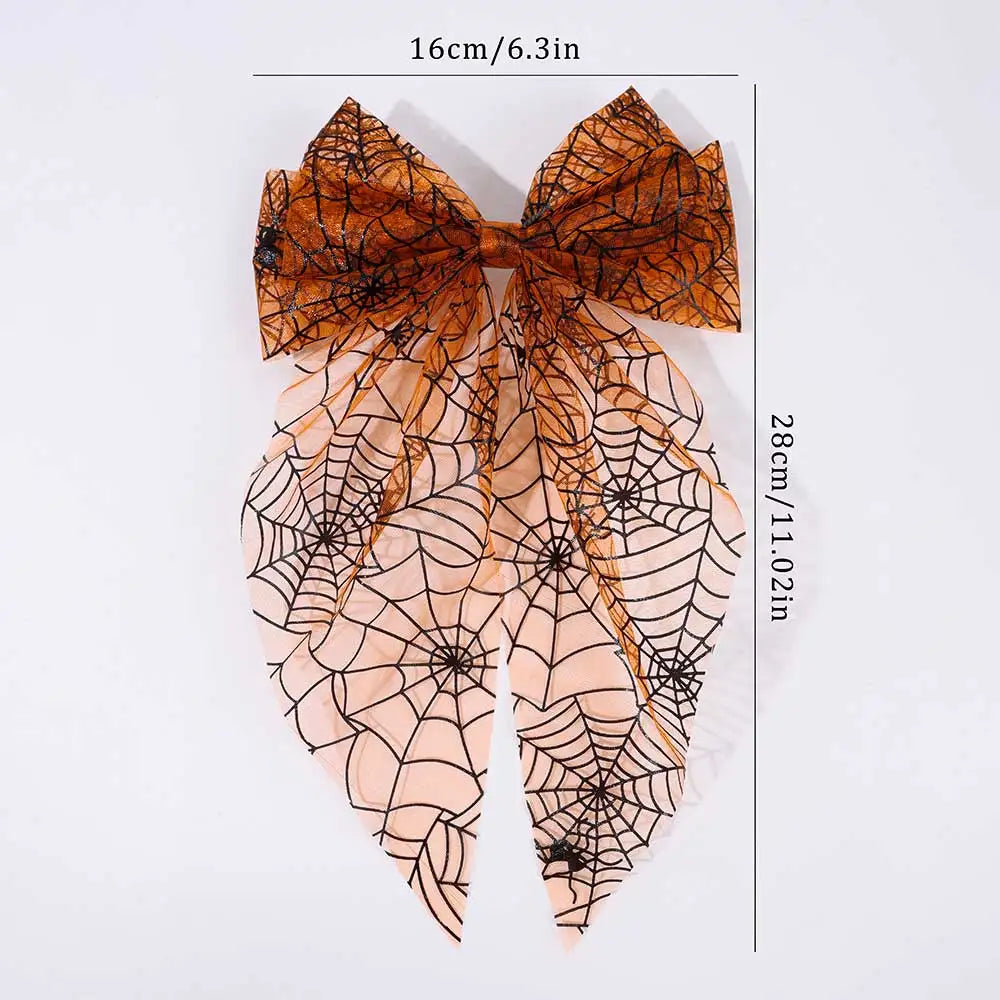 sengpan Fashion Halloween Spider Hair Clips Women Satin Large Bow Hairpin Bone Printing Long Tail Headwear Ladies Ponytail Clip Headwear