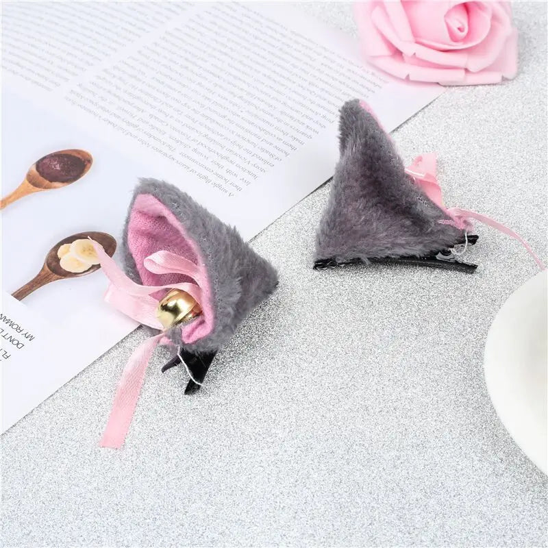 sengpan 2pcs Cat Ears With Bell Hair Clip Fox Long Fur Hairpins Headwear Cosplay Anime Costume Halloween Party Gifts Hair Accessories