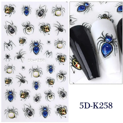 sengpan 5D Halloween Ghost Pumpkin Embossed Nail Stickers Decals Spider Web Clown Bone Nail Art Gel Sliders Design Manicure Decorations