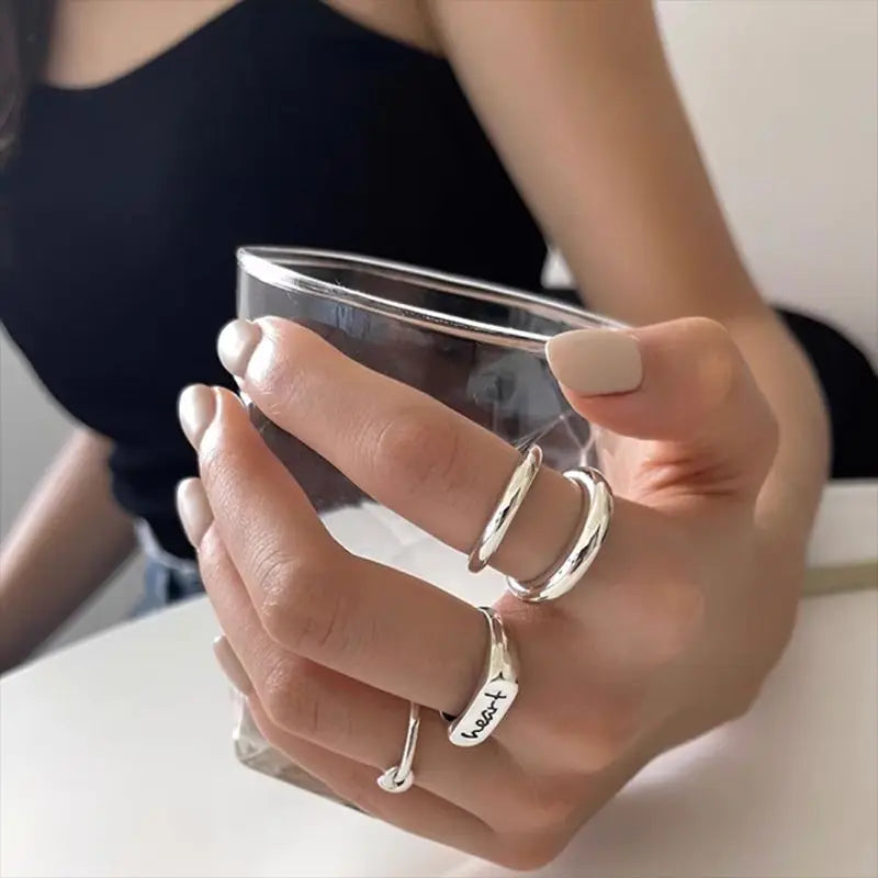 sengpan  Silver Geometric Unique Double Lines Rings for Women Bohemian Adjustable Open Vintage Ring For Party Birthday Gift