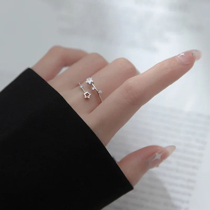 sengpan Korean Silver Color Five Pointed Star Rings for Women Simple Zircon Cross Opening Adjustable Finger Rings Jewelry Party Gift