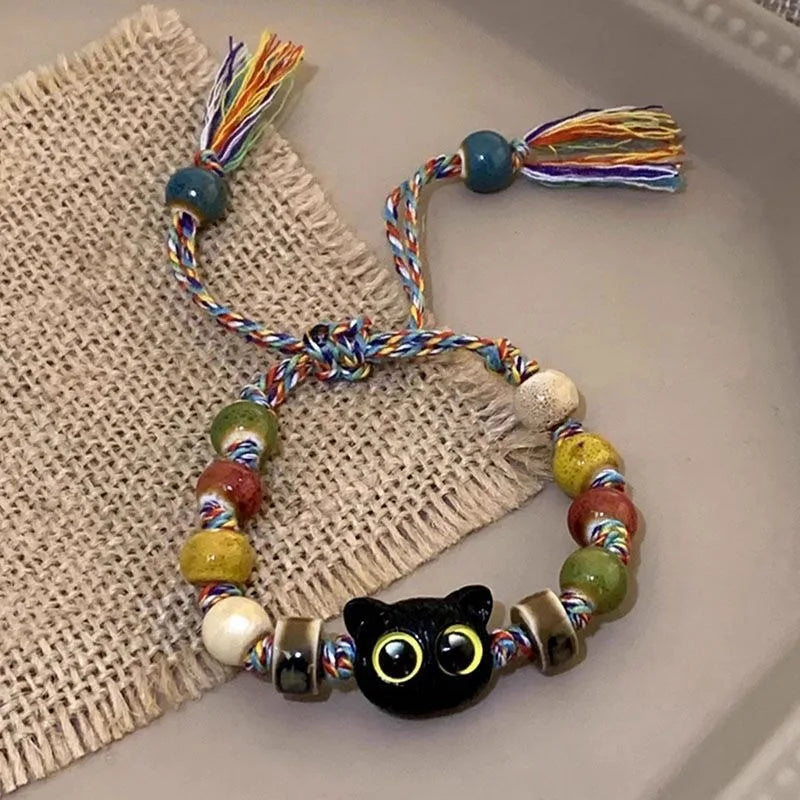 sengpan 2PCS Tassels Big Eye Cat Bracelets for Women Men Sweet Cool Skull Ceramic Beaded Bracelet Aesthetic Party Jewelry Accessories